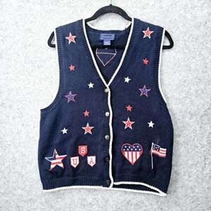 Vintage Crop Sweater Knit Vest Womens S Navy Stars Heart Flag USA‎ CHARTER CLUB